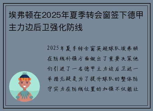 埃弗顿在2025年夏季转会窗签下德甲主力边后卫强化防线 埃弗顿在2025年夏季转会窗签下德甲主力边后卫强化防线